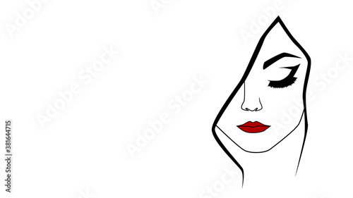 Beauty black and white silhouette  face of woman with red lips. Line art  female face with eyes down. Beauty salon icon. Concept of beuty  femininity
