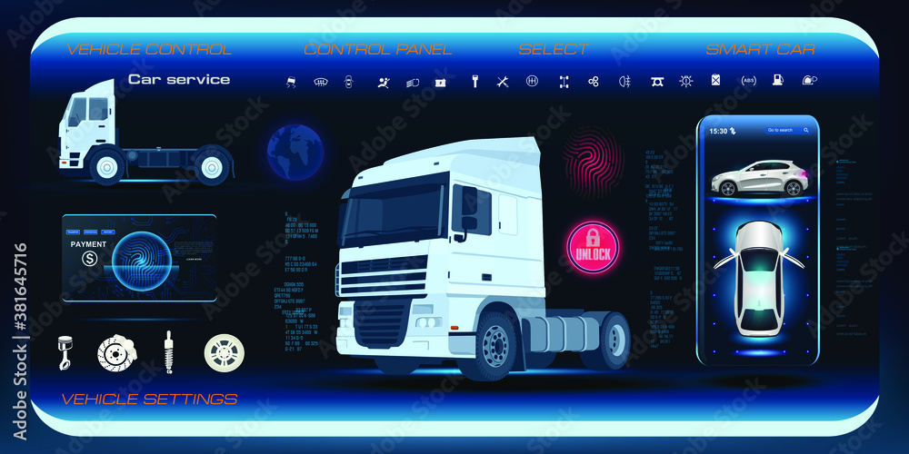 Obraz premium Setting up the parameters of the electronics car devices on holographic touch panel with elements of HUD, GUI, UI. Autonomous car service. Driving through the app. Car dashboard for video games