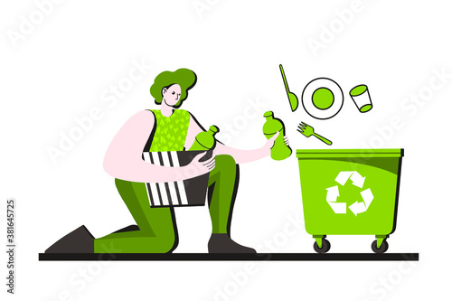 Cute funny boy putting rubbish in trash bins, dumpsters or containers. Happy woman or men practicing garbage collection, sorting and recycling. Flat cartoon vector illustration.