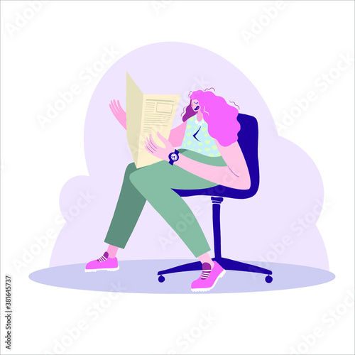 Cartoon vector illustration of man and woman reading books or newspaper sitting on many books. Flat vector illustration