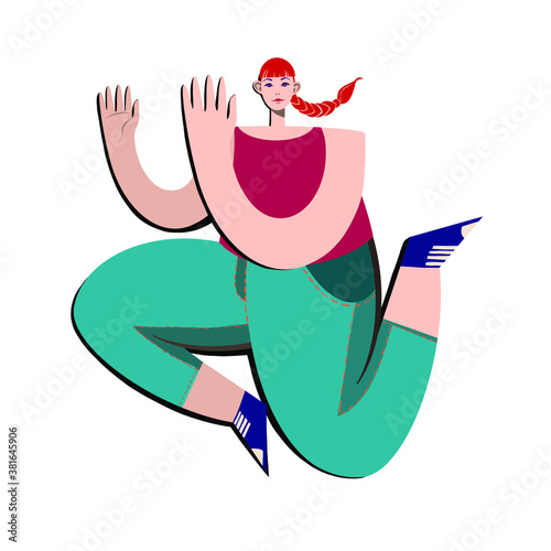 Vector illustration of happy woman jumping on isolated background. Flat vector illustration