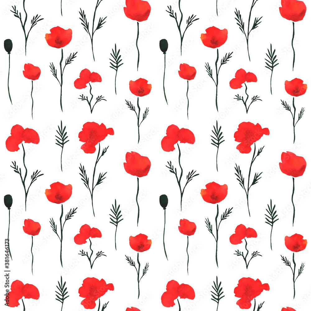 Fototapeta bezszwowe wzór akwarela z czerwonymi kwiatami