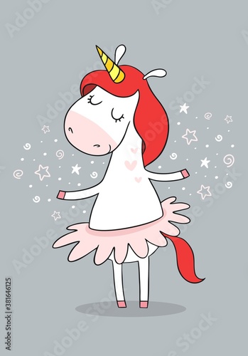 Amazing cartoon Unicorn dancing in a ballet tutu. Hand drawn magic character. Flat vector illustration for kids, girls, princess, children.