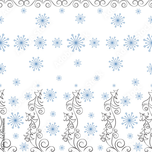 Decorative spruce. Winter forest. Vector background, border with elements of Christmas trees