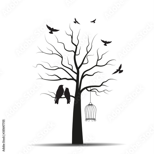 Tree with cages and birds
