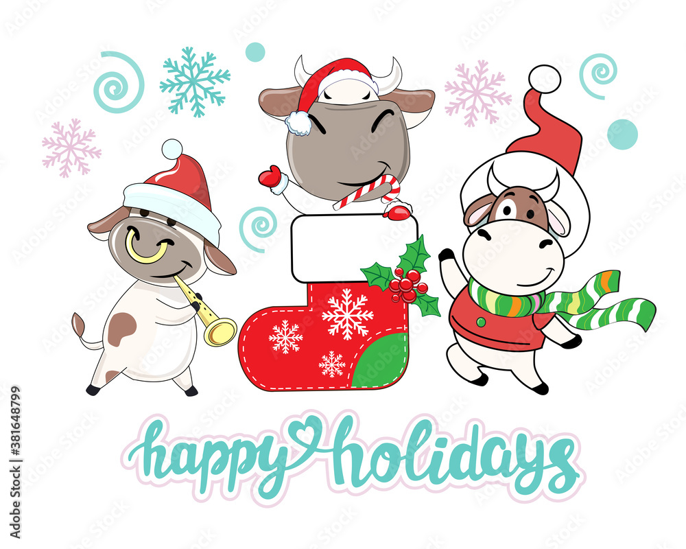 Christmas vector card with funny cows chinese symbol 2021 Christmas vector card with funny cows chinese symbol 2021
