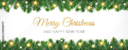 Holiday banner with decoration and typography. Christmas tree border, lights garland. Festive frame on white. Celebration vector background. For winter season headers, New Year party posters