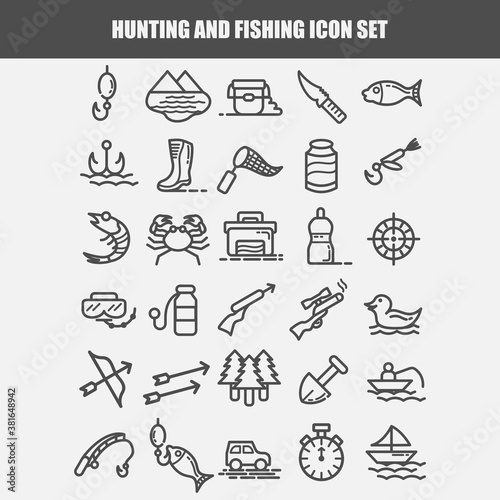 hunting and fishing icon set