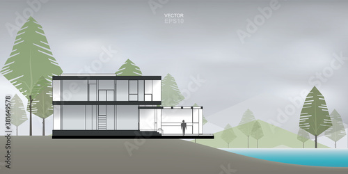 Section of modern house with lake and green natural area background. Vector.