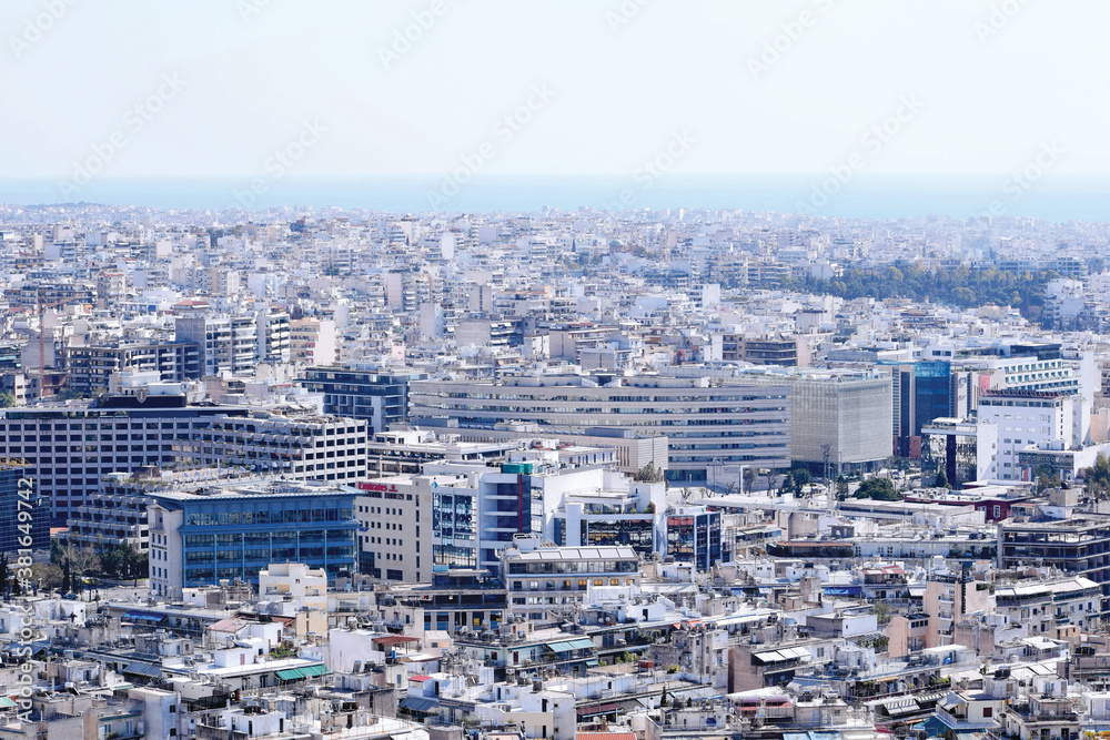 Athens city center view. Buildings, airbnb