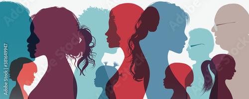 Together group generation.Family concept.Mother Father parents fellow toddler grandparents daughter son grandchildren brother sister boy girl young baby.Human silhouette face head profile