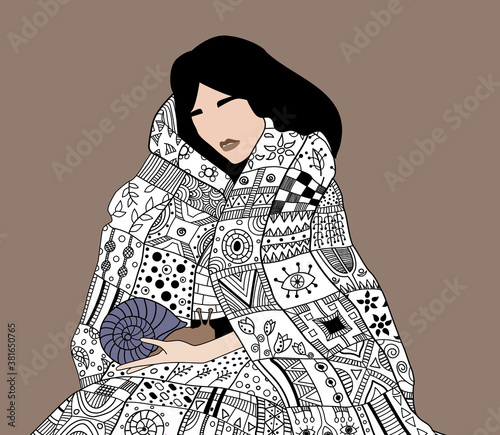 A young quite girl wrapped up in a blanket, is holding a snail. Conception of introversion. Vector hand drawn illustration in doodle style. 
