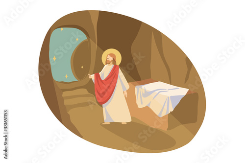 Christianity, religion, Bible concept. Jesus Christ son of God gospel prophet religious biblical character exit from tomb cave place of burial. Ascention of Messiah and New Testament illustration.
