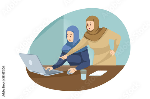 Teamwork, coworking, business, analysis, meeting concept. Team of muslim arab businesswomen managers colleagues boss employee working in office. Collective discussion and brainstorming illustration.