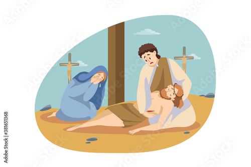 Christianity, religion, Bible concept. Maria and Simon sitting and crying near dead body ofJesus Christ son of God gospel prophet on Golgotha. Crucifixion of Messiah and New Testament illustration.