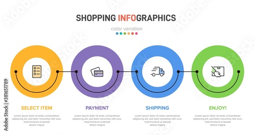 Concept of shopping process with 4 successive steps. Four colorful graphic elements. Timeline design for brochure, presentation, web site. Infographic design layout.