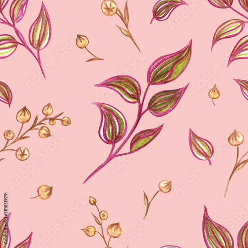 Decorative twigs seamless pattern on pink coral background  watercolor drawing  decorative print for various designs  fabric  wrapping paper  prints  home furnishings decor.