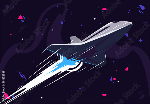 Vector illustration of a spacecraft flying at high speed in outer space, leaving a white trace of engine operation