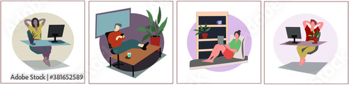 Set of pictures about freelancing, creative and IT professions, education. Work and study online. Gadgets, computer, phone. The boys and girls. People and the Internet. Vector isolated image.