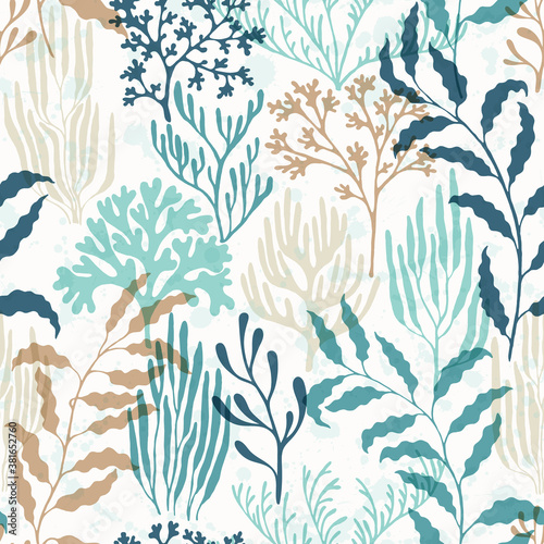 Ocean corals seamless pattern., Tropical coral reef branch silhouette elements.