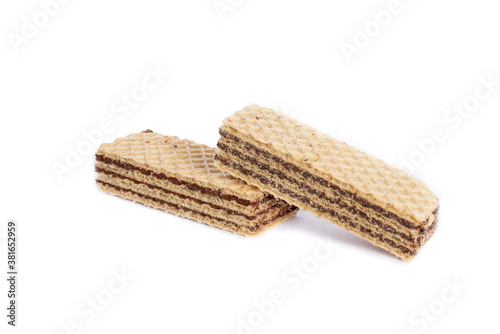 Wafers stuffed with chocolate flavor on a white background.