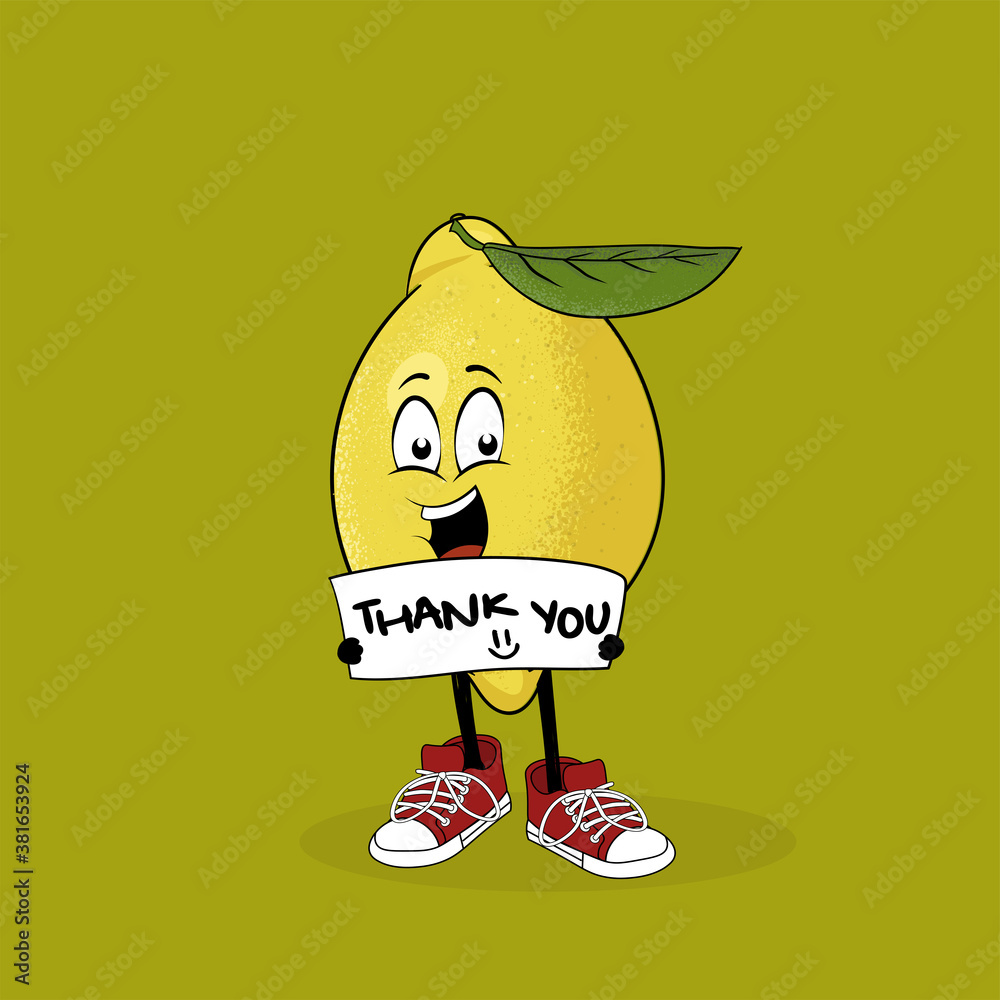 Mister Lemon Character design holding card with text thank you. Hand