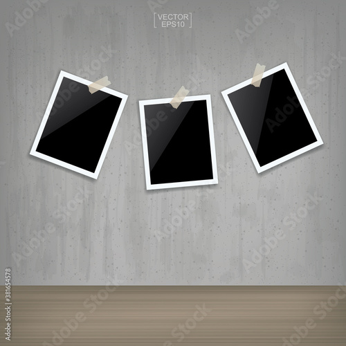 Blank photo frame or picture frame stick on concrete wall background. Vector.