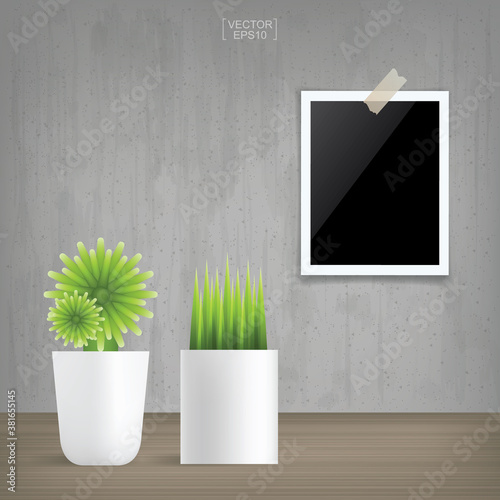 Decoration plant and blank photo frame in vintage interior space background. Vector.