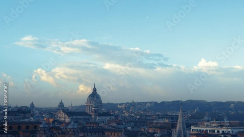 Cityscape of Rome at dawn on the morning of April 1, 2018 (Easter Sunday), taken from Terrazza del Pincio.
