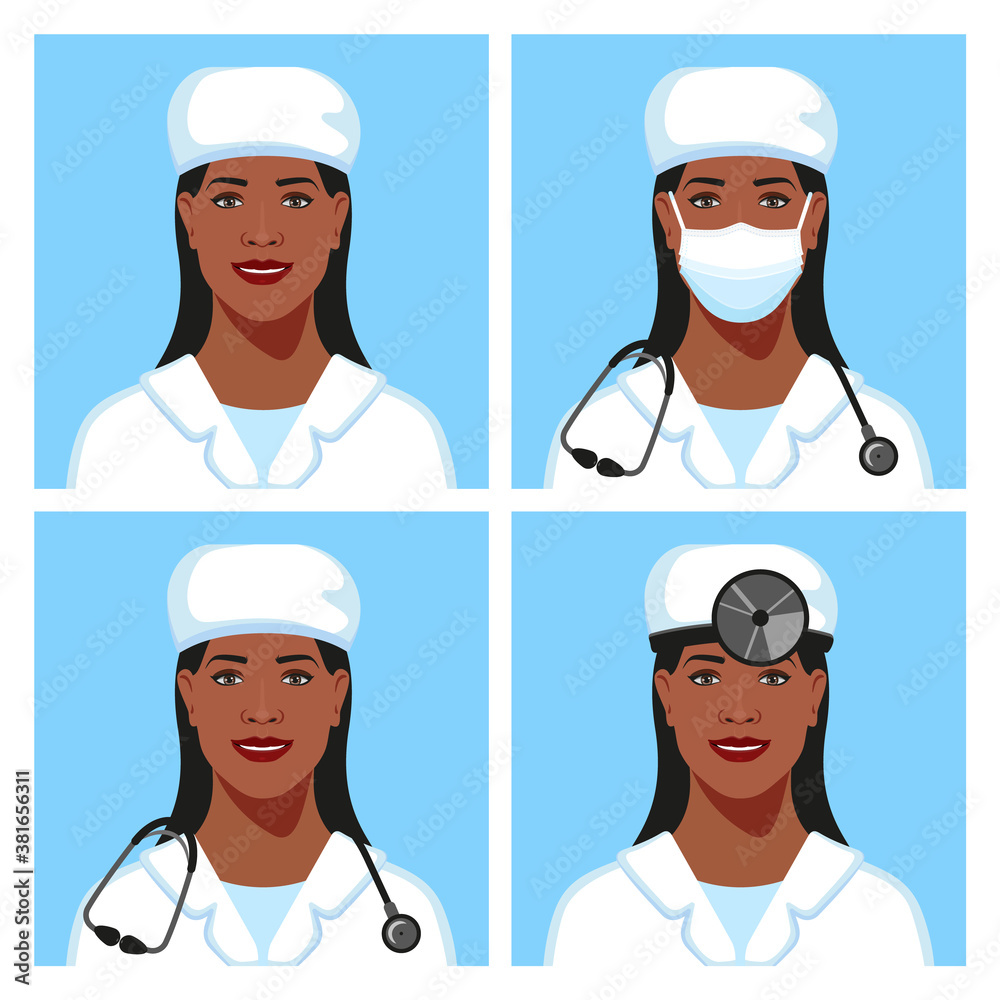 Latino American woman physician, ENT in a medical cap with medical face mask and head reflector, stethoscope avatar set. Healthcare personal. Therapist. Hospital nurse. Vector Illustration. Latino American woman physician, ENT in a medical cap with medical face mask and head reflector, stethoscope avatar set. Healthcare personal. Therapist. Hospital nurse. Vector Illustration.