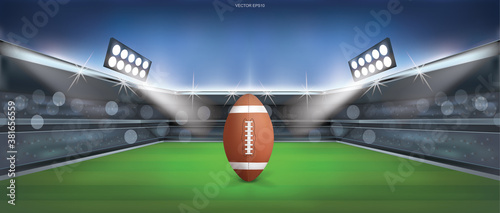 Football ball on american football field stadium background. Vector.