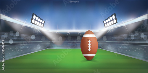 Football ball on american football field stadium background. Vector.