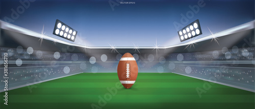 Football ball on american football field stadium background. Vector.