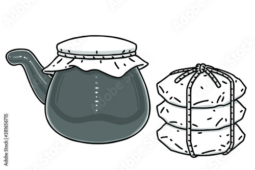 Traditional boiling pot for herbal medicine and herbal medicine potions. Vector line art illustrations set.