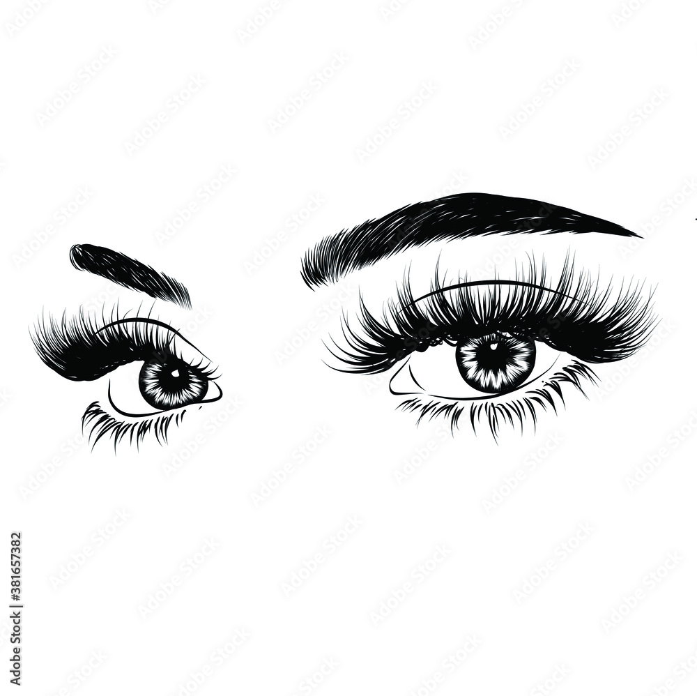 Hand-drawn woman's luxurious eye with perfectly shaped eyebrows and full lashes. Idea for business visit card, typography vector.Perfect salon look. Hand-drawn woman's luxurious eye with perfectly shaped eyebrows and full lashes. Idea for business visit card, typography vector.Perfect salon look.