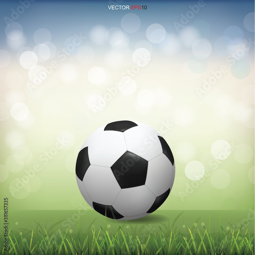 Soccer football ball on green grass field with light blurred bokeh background. Vector. © Lifestyle Graphic