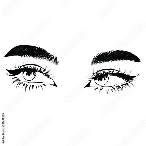 Hand-drawn woman's luxurious eye with perfectly shaped eyebrows and full lashes. Idea for business visit card, typography vector.Perfect salon look. 