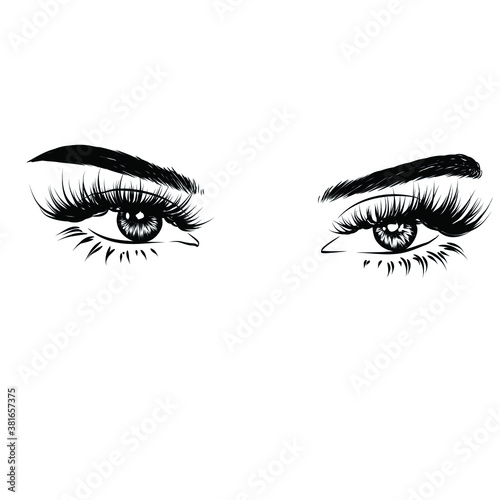 Hand-drawn woman s luxurious eye with perfectly shaped eyebrows and full lashes. Idea for business visit card  typography vector.Perfect salon look. 