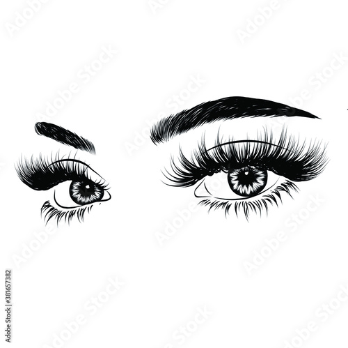 Hand-drawn woman's luxurious eye with perfectly shaped eyebrows and full lashes. Idea for business visit card, typography vector.Perfect salon look.	