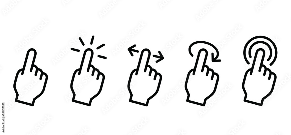 Touch screen, click here button with hand pointer clicking. Clicking or selecting finger icon. Flat vector push button sign. Touch Gesture Icons