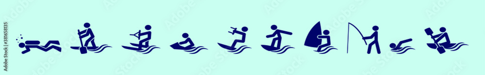 set of water sports cartoon icon design template with various models. vector illustration isolated on blue background set of water sports cartoon icon design template with various models. vector illustration isolated on blue background
