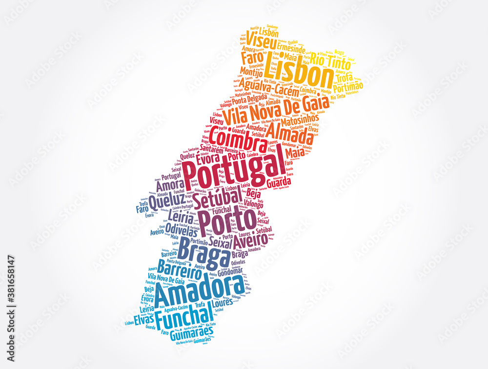 Φωτογραφία List of cities and towns in Portugal, map word cloud collage, business and trave