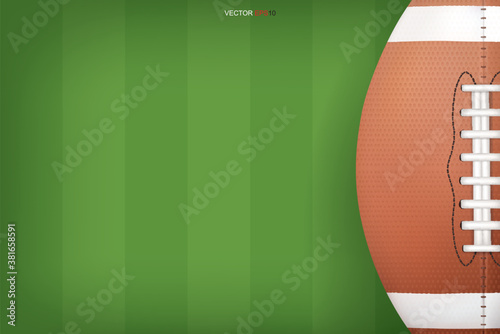 American football ball with green field pattern background. Vector.