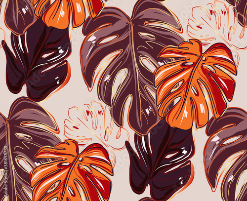 Tropical leaves Monstera on beige background. Fall Flat lay, top view seamlesspattern design. Autumn repetition print in vector. Creative minimalist pattern