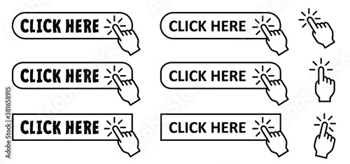 Click here button with hand pointer clicking. WWW, web link. Computer, Clicking or selecting. Online buy of page on website. Clicking finger icon. Flat vector push button sign.