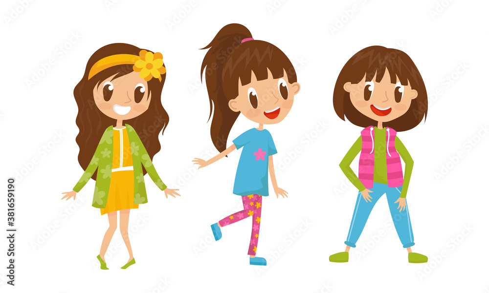 Cute Girls in Casual Clothing Standing and Posing Vector Set Cute Girls in Casual Clothing Standing and Posing Vector Set