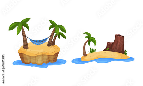 Tropical Islands with Palm Trees Surrounded by Ocean Vector Set