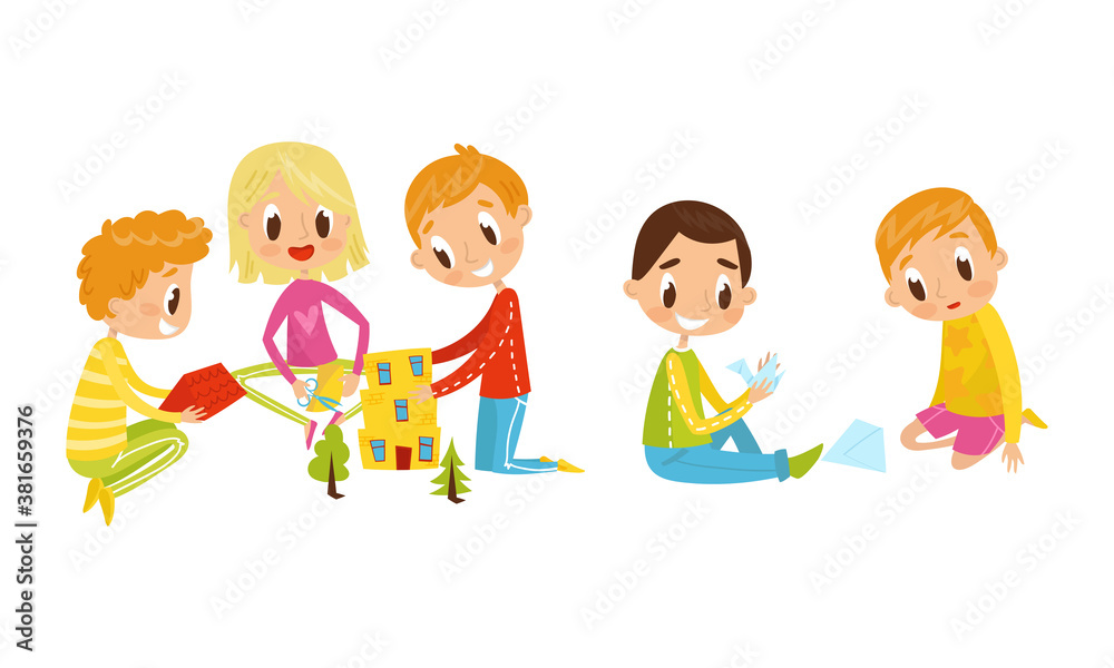 Kids Crafting Paper House and Folding Origami Vector Set Kids Crafting Paper House and Folding Origami Vector Set