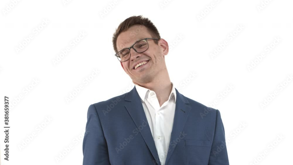 Handsome happy office worker, businessman in blue suit and glasses feeling flattered, wave hand to thank for compliment, standing modest over white background Handsome happy office worker, businessman in blue suit and glasses feeling flattered, wave hand to thank for compliment, standing modest over white background