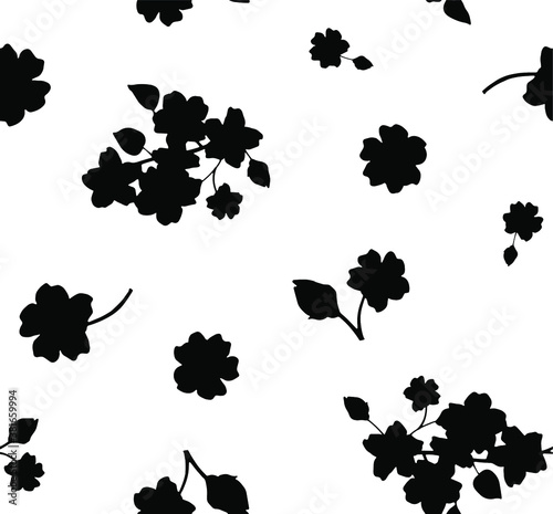 Hand Drawn Abstract Two Colors Japanese Ditsy Flowers and Leaves Repeating Vector Pattern Isolated Background
